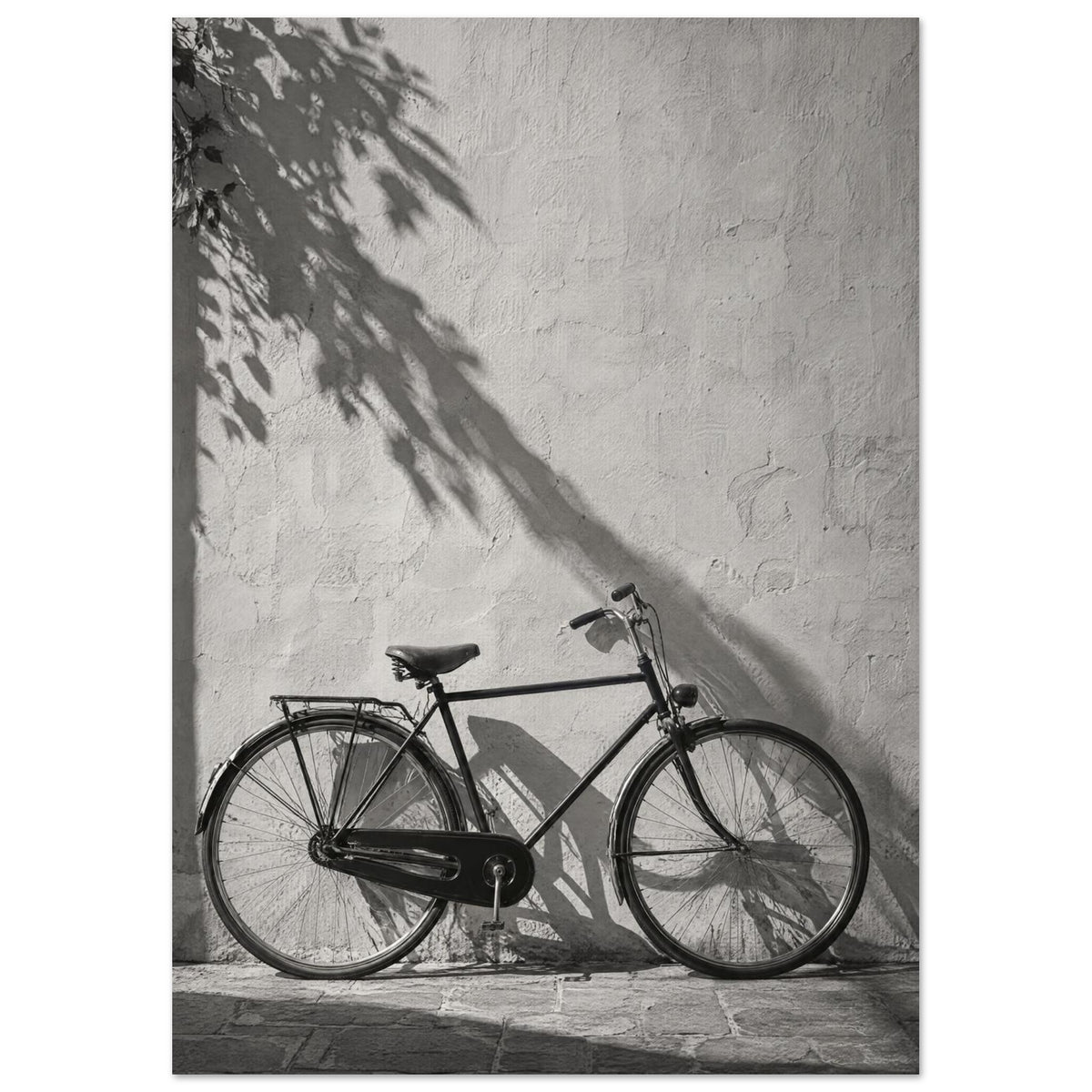 Bicycle leaning against a textured wall with long leafy shadows above and stone paving below, in black and white.