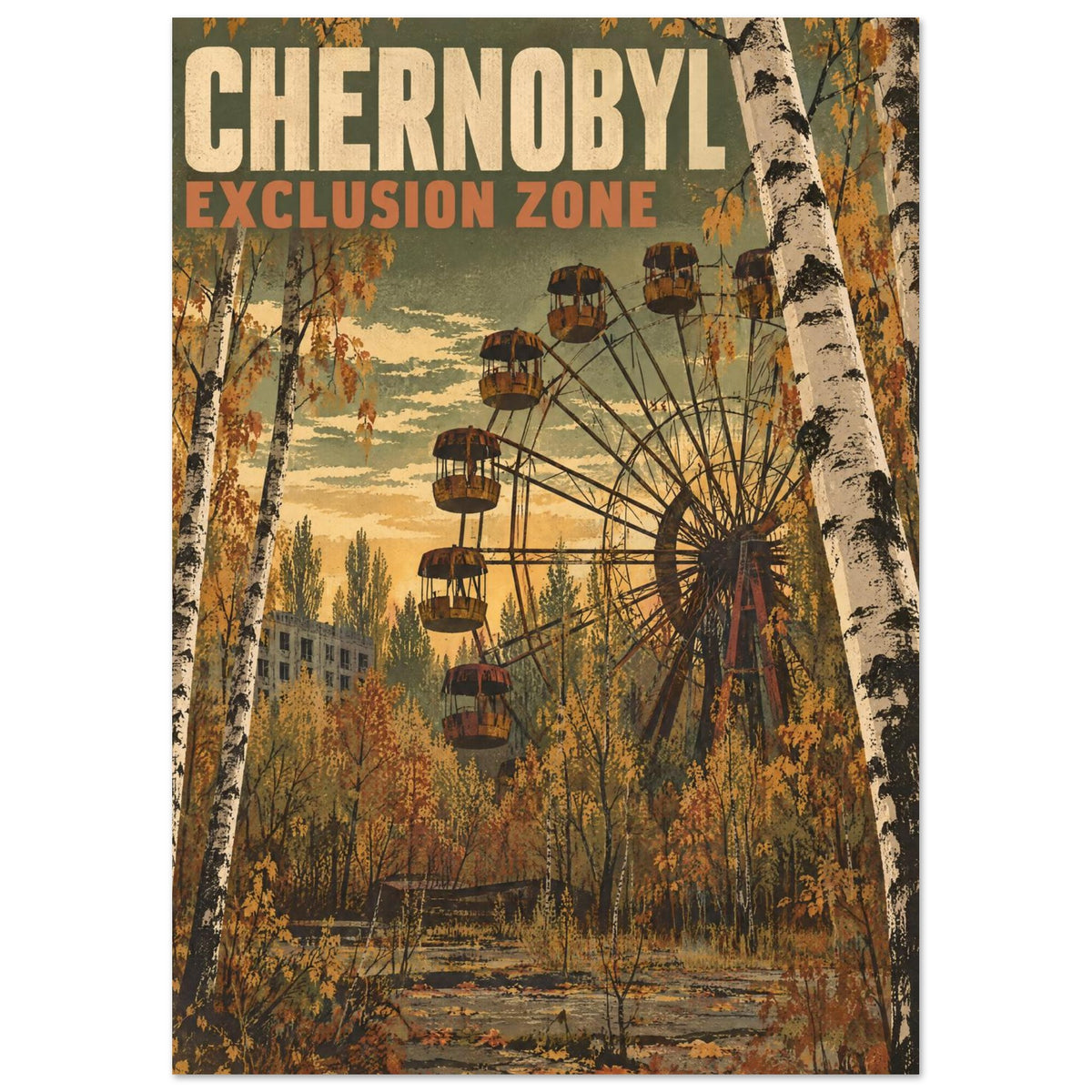 Chernobyl Exclusion Zone lettering above a Ferris wheel surrounded by autumn foliage, birch trees and overgrown paths.