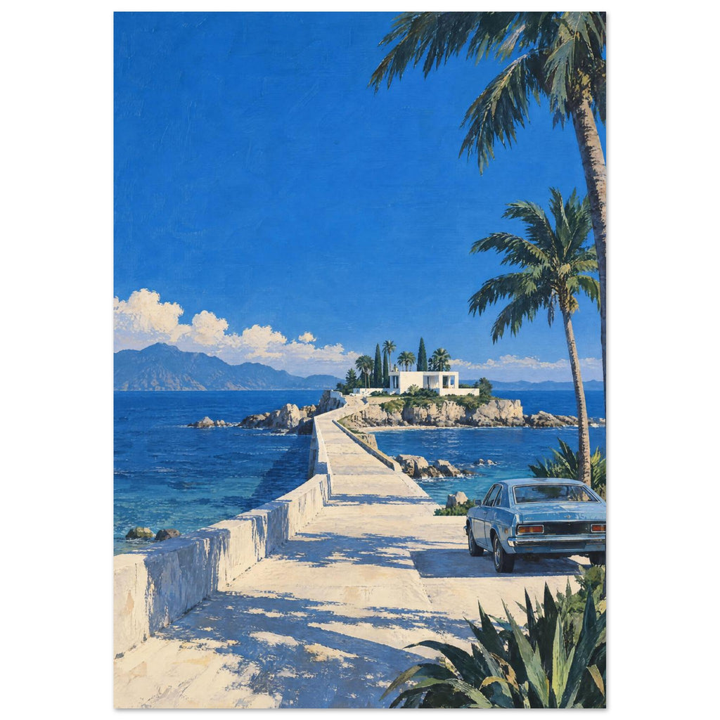 Coastal causeway leading to a white building, with blue sea, distant mountains, palm trees and a parked vintage car.
