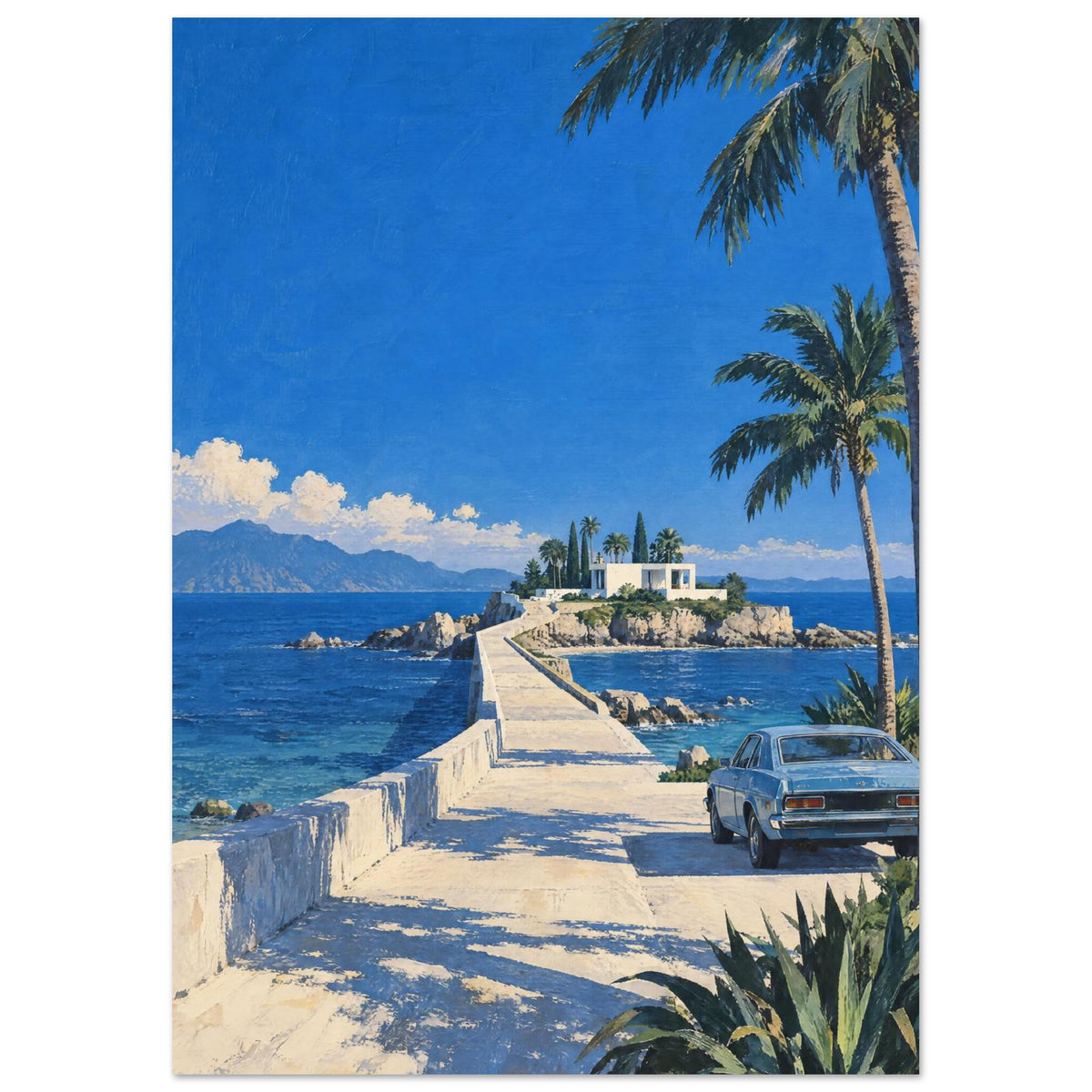 Coastal causeway leading to a white building, with blue sea, distant mountains, palm trees and a parked vintage car.