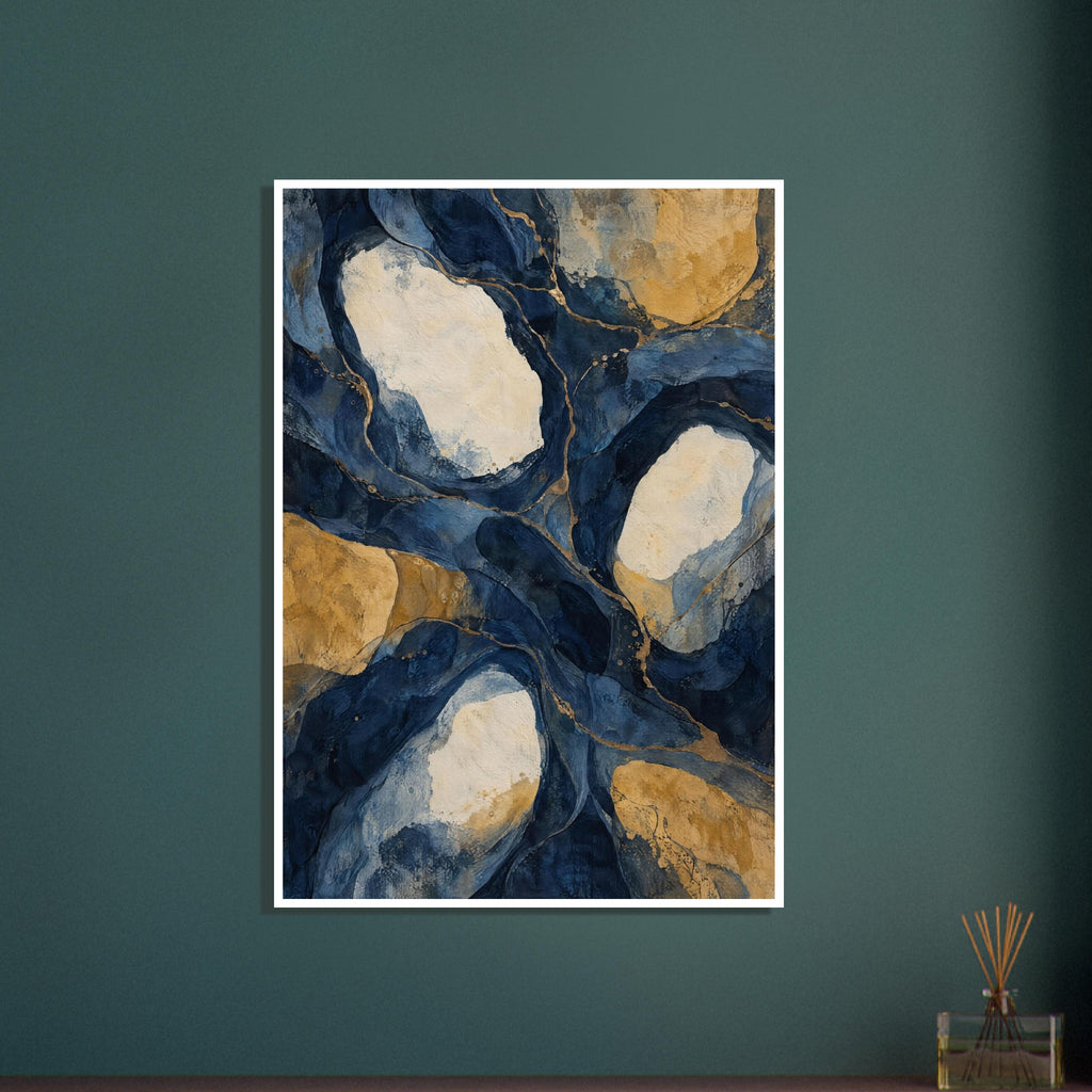 Abstract flowing navy and blue shapes surrounding cream and ochre patches, crossed by fine gold-toned lines.