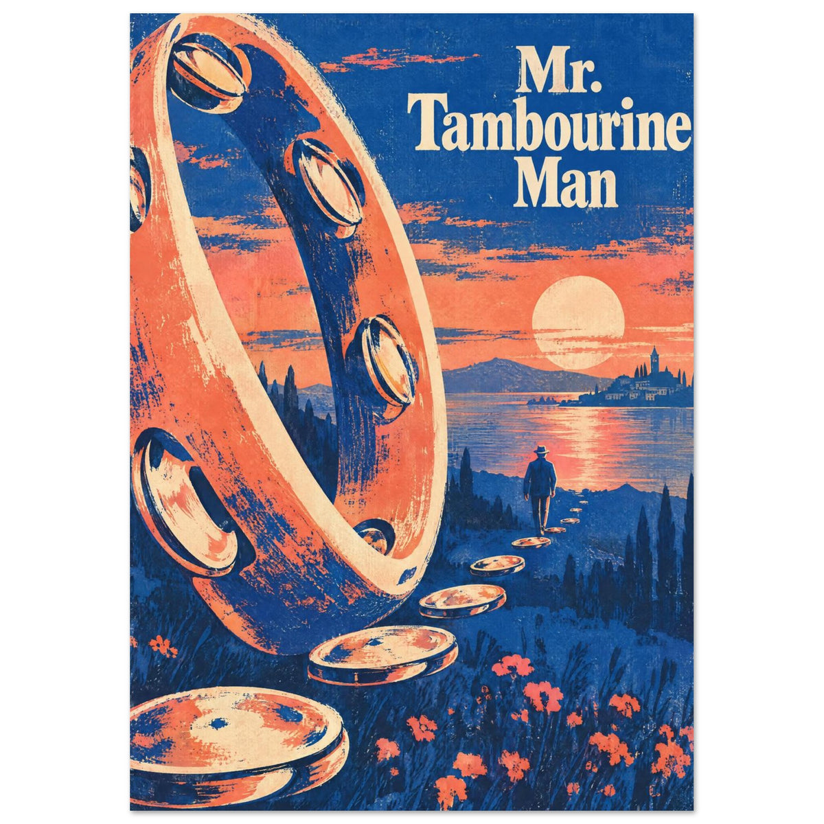 Giant tambourine beside a path of smaller tambourines, a lone figure and sunset water, with Mr. Tambourine Man text.