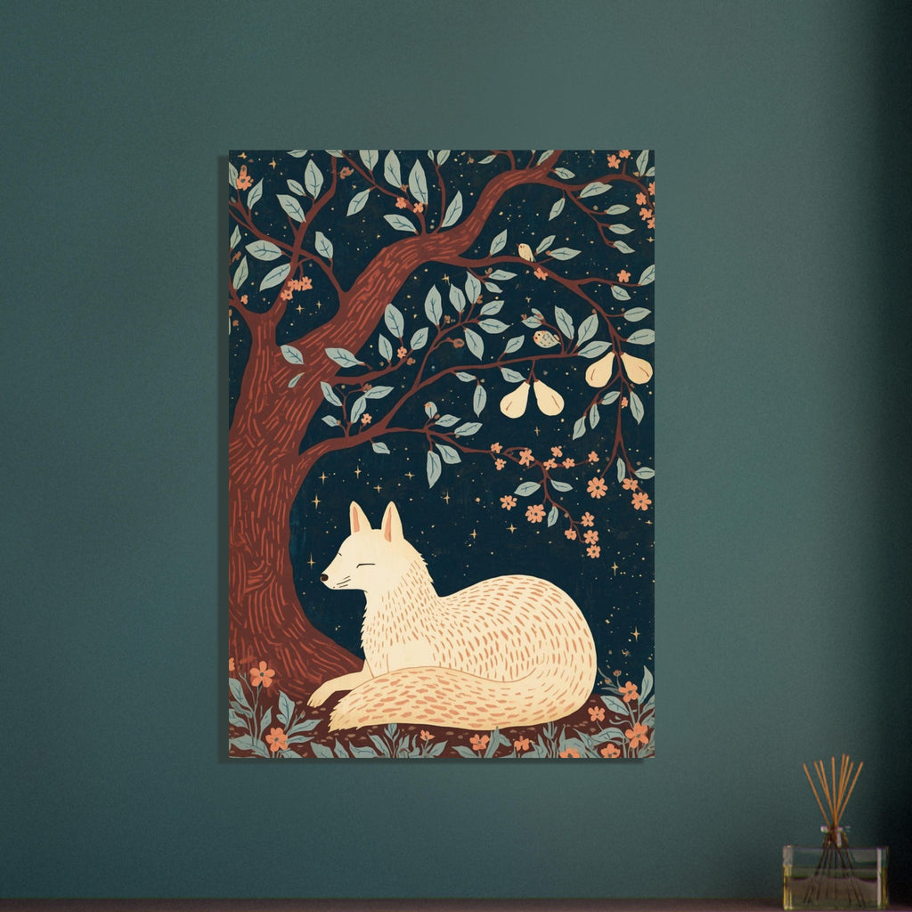 Cream fox resting beneath a pear tree with rust-brown branches, pale leaves and peach flowers against a starry blue sky.