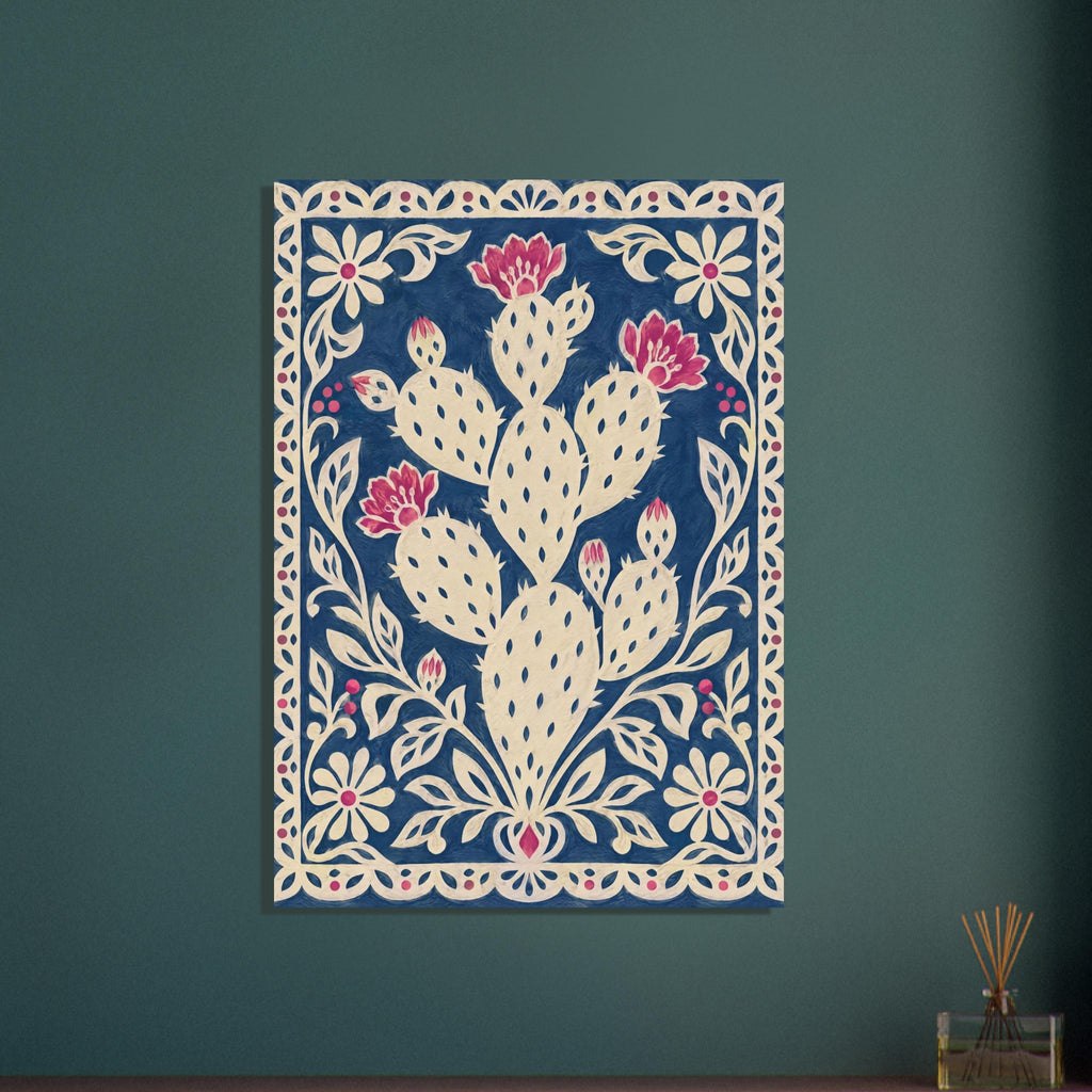 Cream prickly pear cactus with pink blooms on a textured navy background, surrounded by an ornate floral border.
