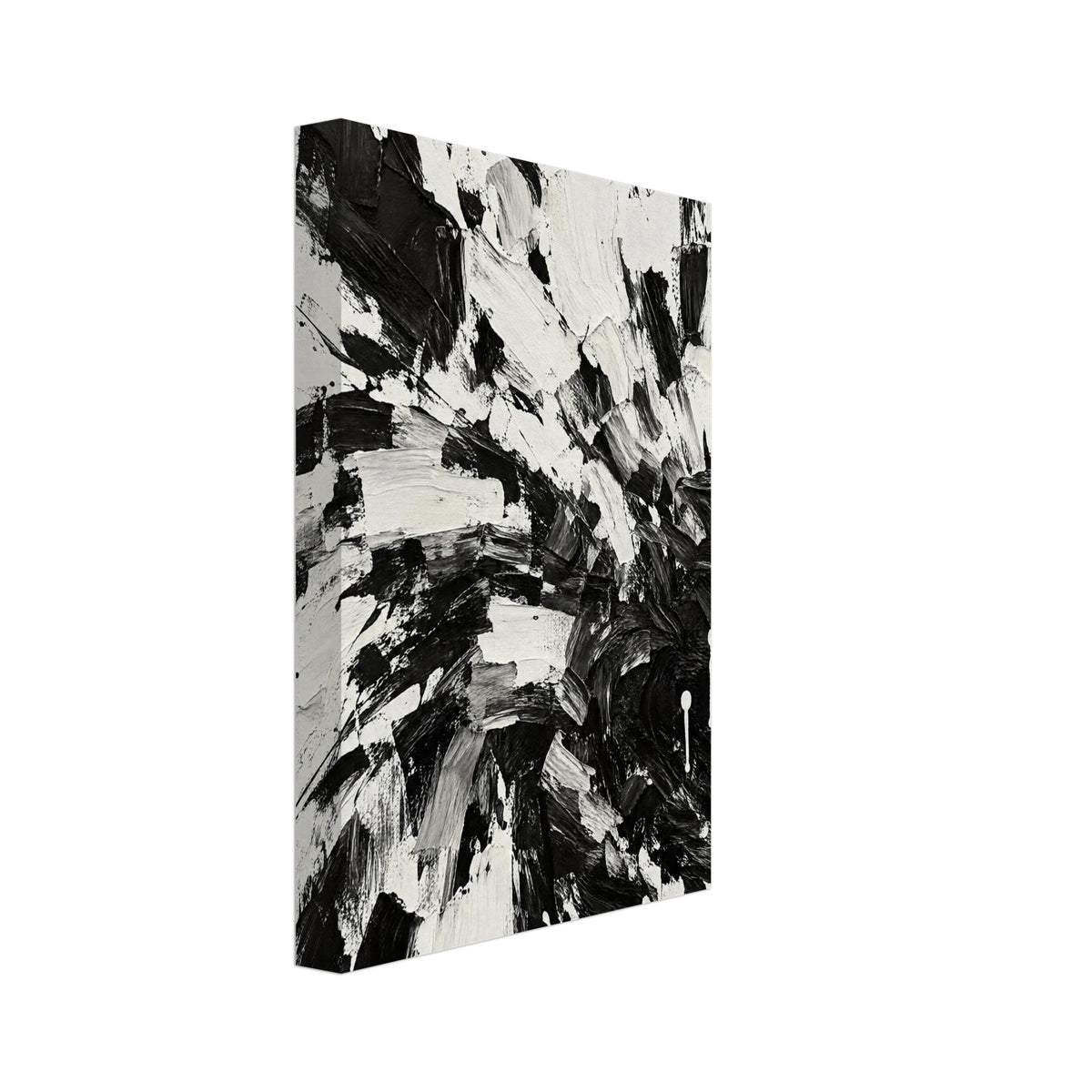 Abstract black and white brushstrokes with thick ridged marks, sweeping curves, scraped edges and white paint drips.