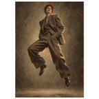 Suit in Suspension, a full-length model caught mid-jump in an oversized brown trouser suit against a sand-toned studio backgr