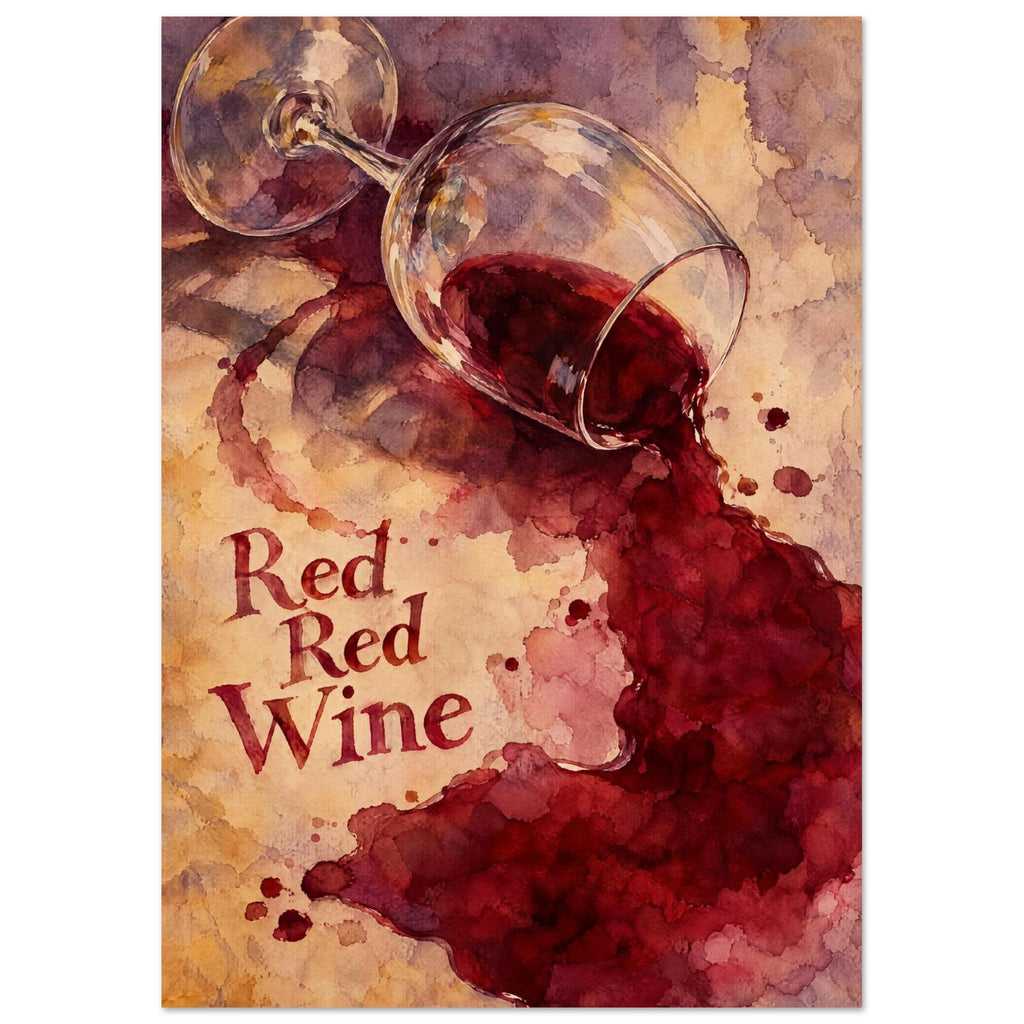 Tipped wine glass spilling burgundy wine over a beige watercolour background, with red ‘Red Red Wine’ lettering.