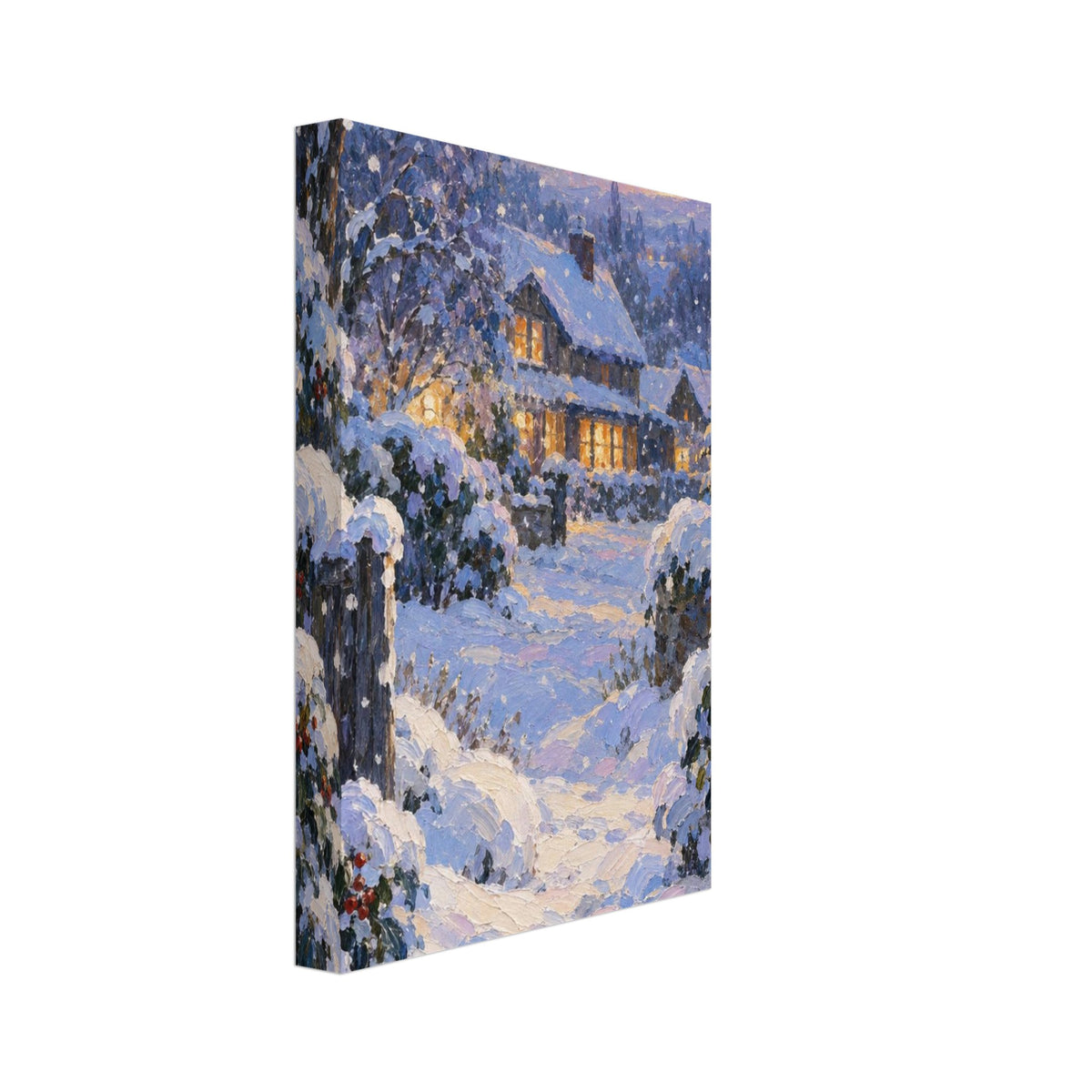 Snowy cottage with glowing windows, a winding path, snow-laden trees and falling flakes beneath a pink and blue sky.
