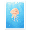 Smiling peach jellyfish with curling tentacles floating in blue water, surrounded by bubbles beneath a sunlit surface.