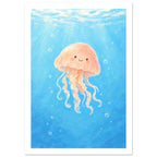 Smiling peach jellyfish with curling tentacles floating in blue water, surrounded by bubbles beneath a sunlit surface.