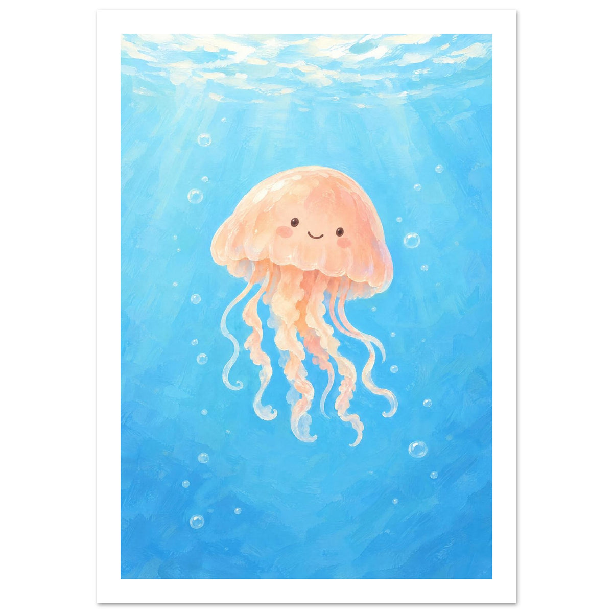 Smiling peach jellyfish with curling tentacles floating in blue water, surrounded by bubbles beneath a sunlit surface.