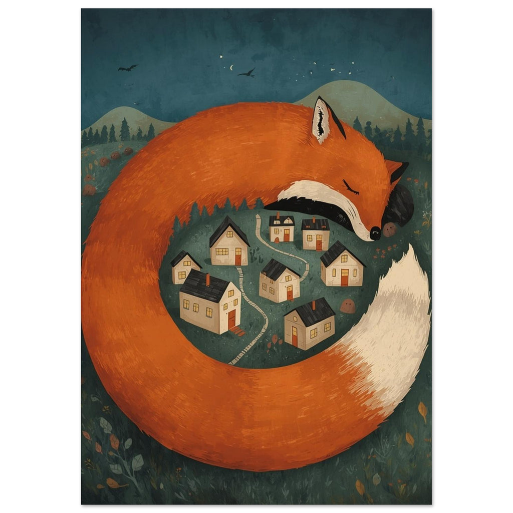 Large orange sleeping fox curled around a tiny village, with forested hills beneath a dark teal sky.
