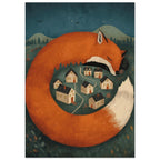 Large orange sleeping fox curled around a tiny village, with forested hills beneath a dark teal sky.