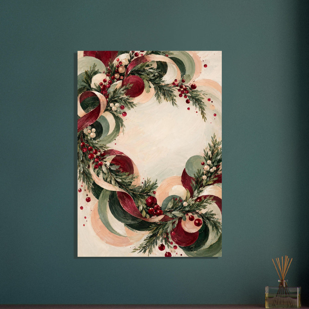 Christmas Eve Wreath in Motion shows an off-centre ring of fir, berries and looping ribbon in sage, burgundy, peach and ivory