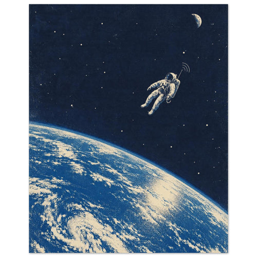 Astronaut floating above blue and cream Earth, with scattered stars and a small moon against a textured navy sky.
