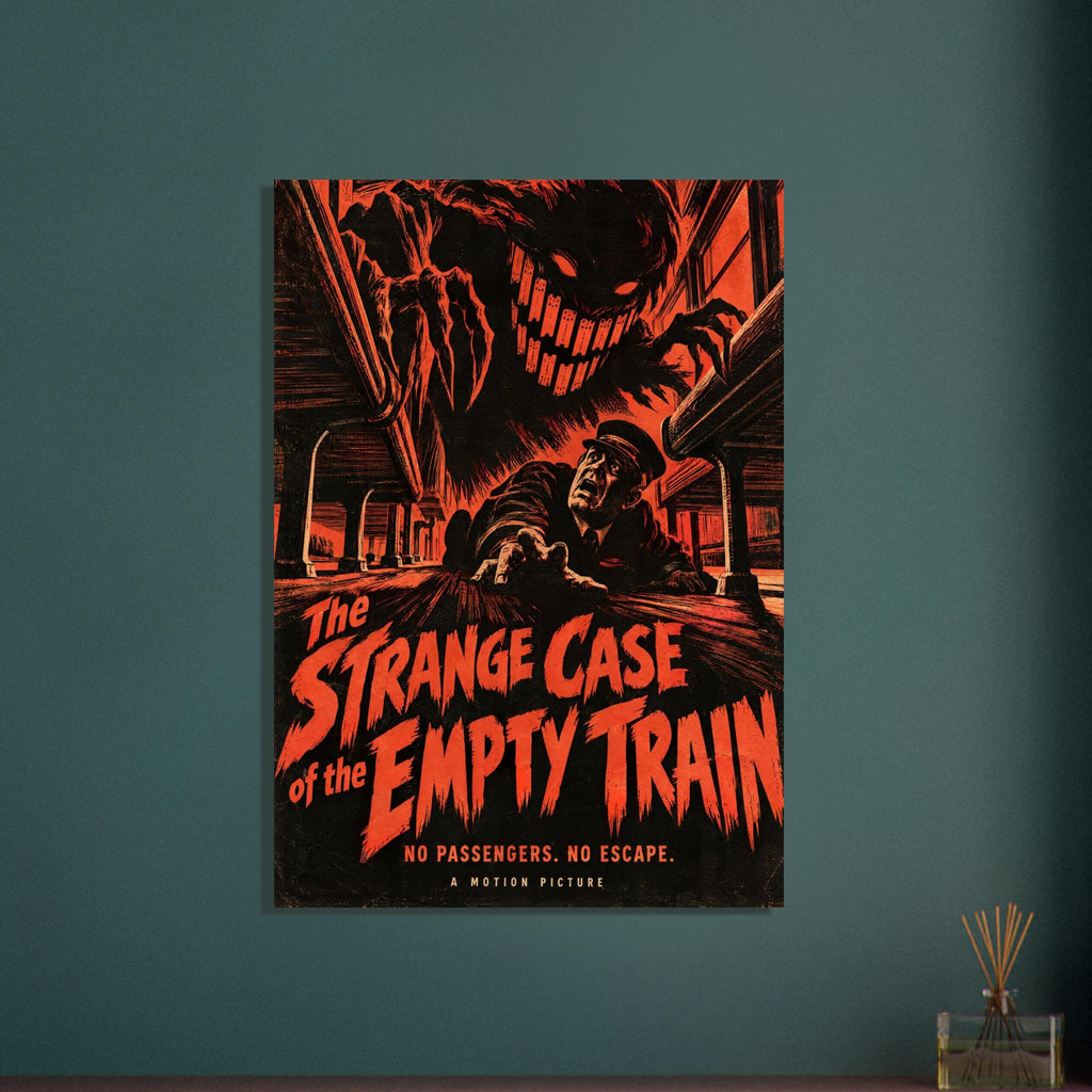 Grinning monster looming over a terrified man in a train carriage, with orange-red horror lettering on black.