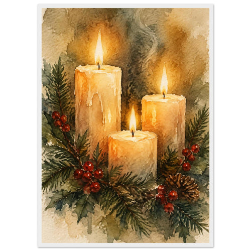 Watercolour painting of three lit advent candles with spruce sprigs and red berries