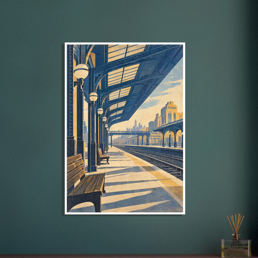 Railway platform with wooden benches, globe lamps and a sweeping steel canopy, in blue and cream with long shadows.