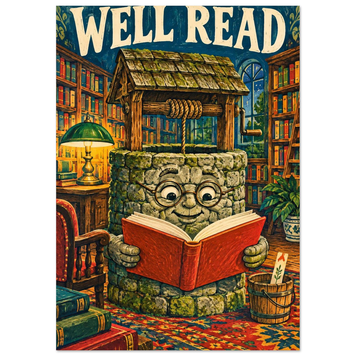 Well Read art print showing a smiling stone well wearing glasses and reading a book in a library