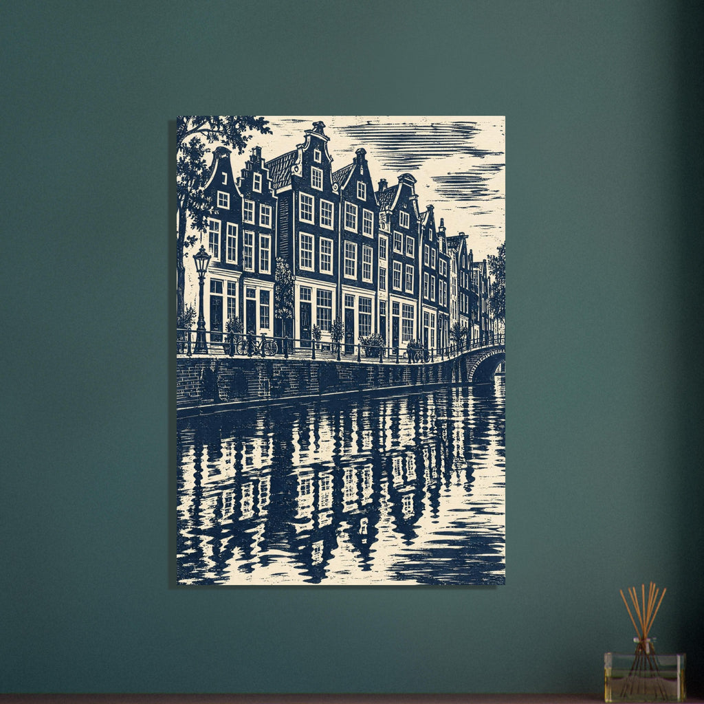 Gabled canal houses in navy and cream, with a street lamp, bicycles, an arched bridge and rippling reflections.
