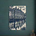 Gabled canal houses in navy and cream, with a street lamp, bicycles, an arched bridge and rippling reflections.
