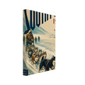 Sled dogs pull an explorer across snow beneath bold ‘South Pole 1911’ lettering, with skiers and distant tents behind.