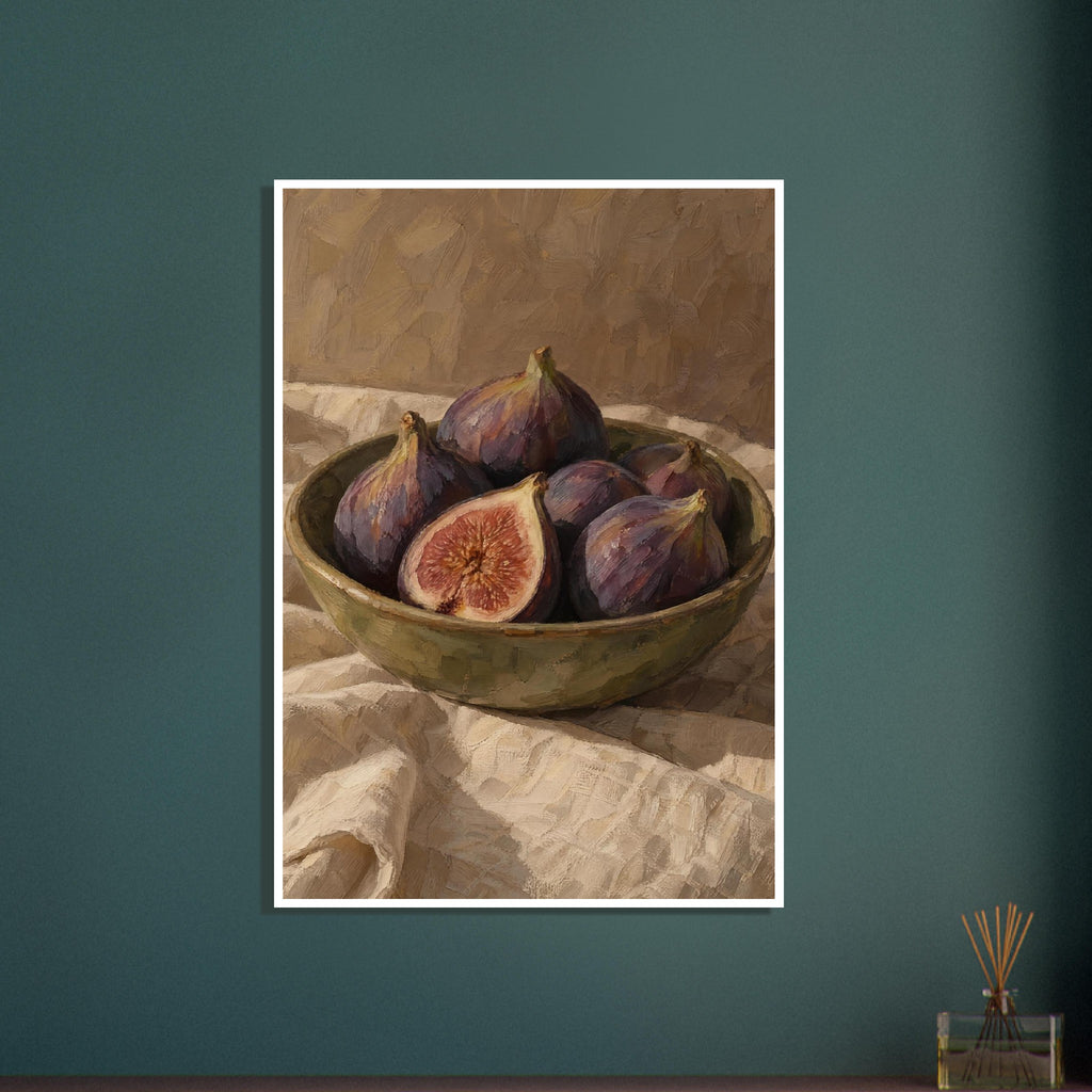 Purple figs, one halved, in an olive-green bowl on folded cream cloth against a brown, visibly brushworked background.
