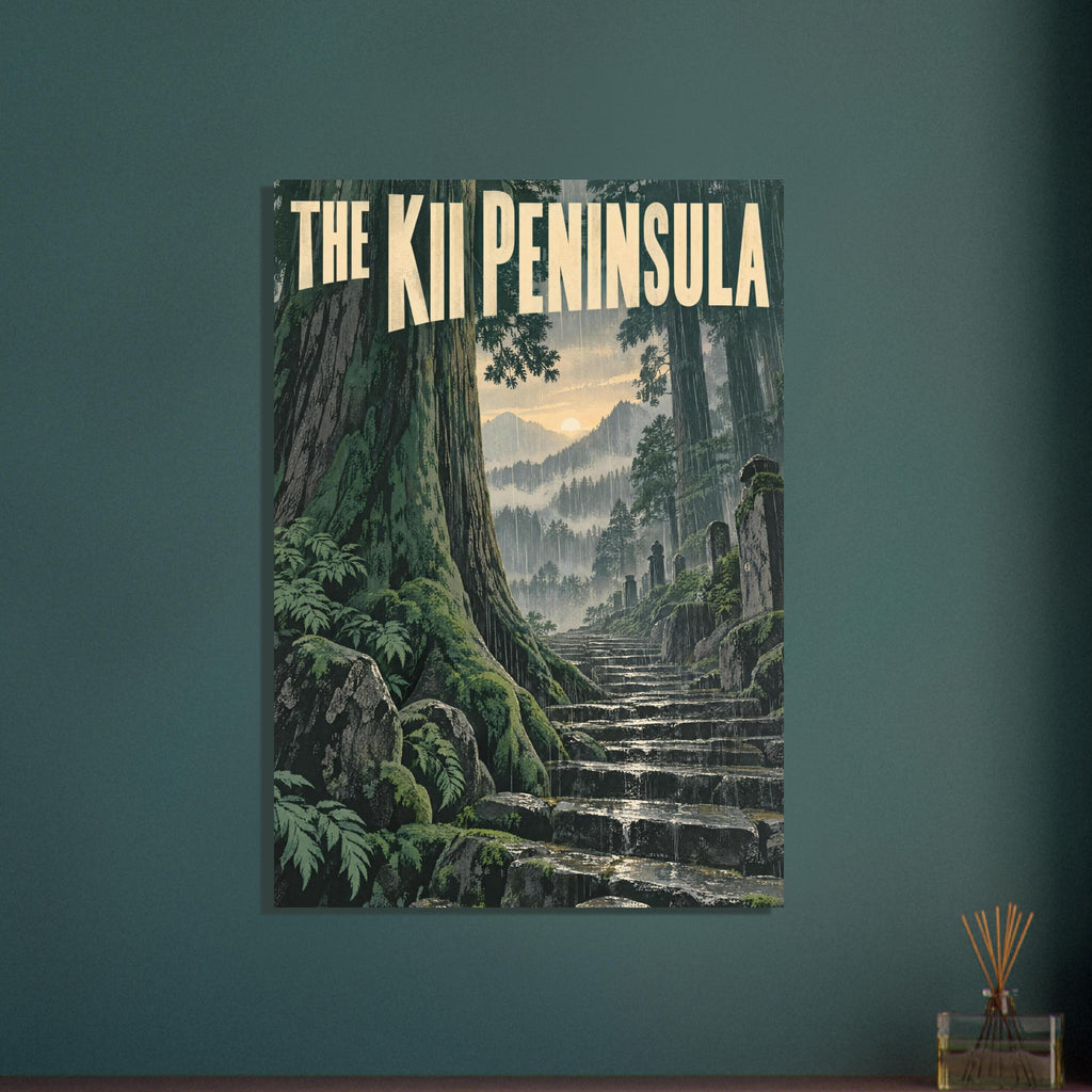 Kii Peninsula poster with cream lettering above rain-soaked forest steps, mossy trees and misty mountains.