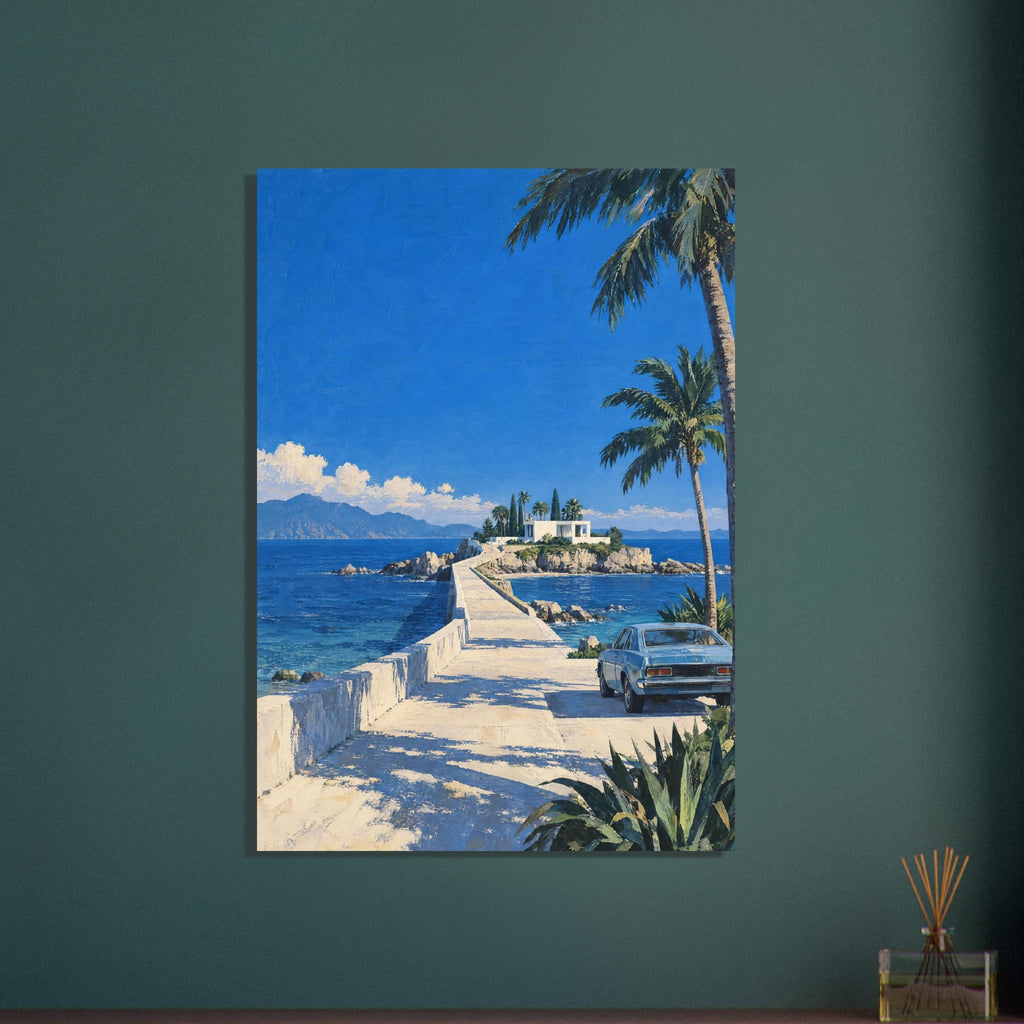 Coastal causeway leading to a white building, with blue sea, distant mountains, palm trees and a parked vintage car.
