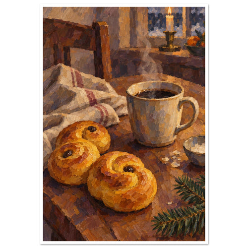 Golden curled buns beside a steaming mug on a wooden table, with a striped cloth, lit candle and evergreen sprig.