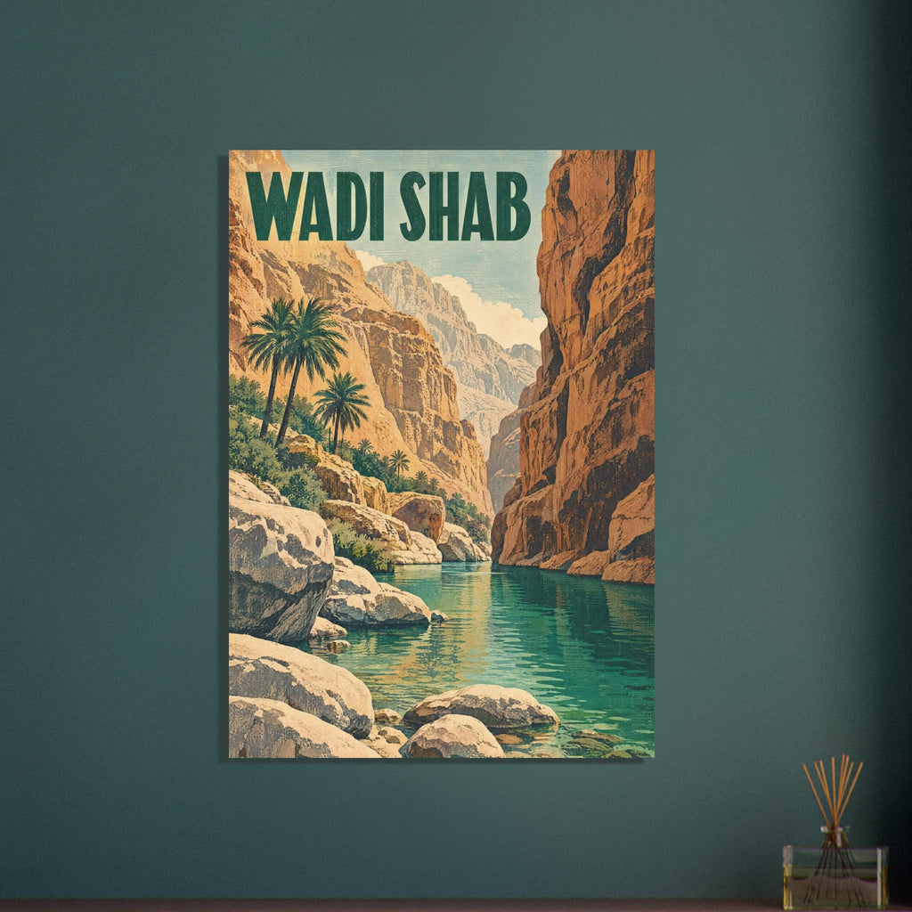 Wadi Shab canyon with ochre cliffs, palm trees and green water beneath bold lettering in a textured vintage travel poster.