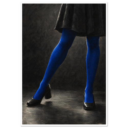 Cobalt Stockings, cropped legs in blue tights and black shoes forming an angular pose against a charcoal studio background.