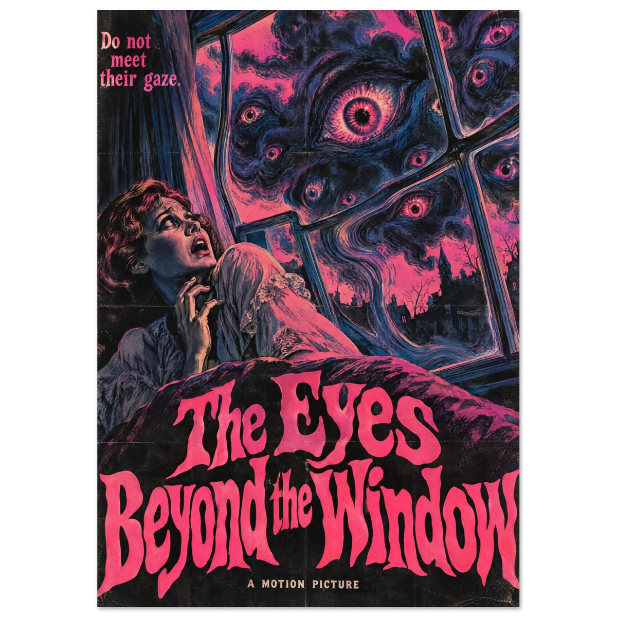 Frightened woman beside a window filled with giant pink eyes, with distressed lettering reading The Eyes Beyond the Window.