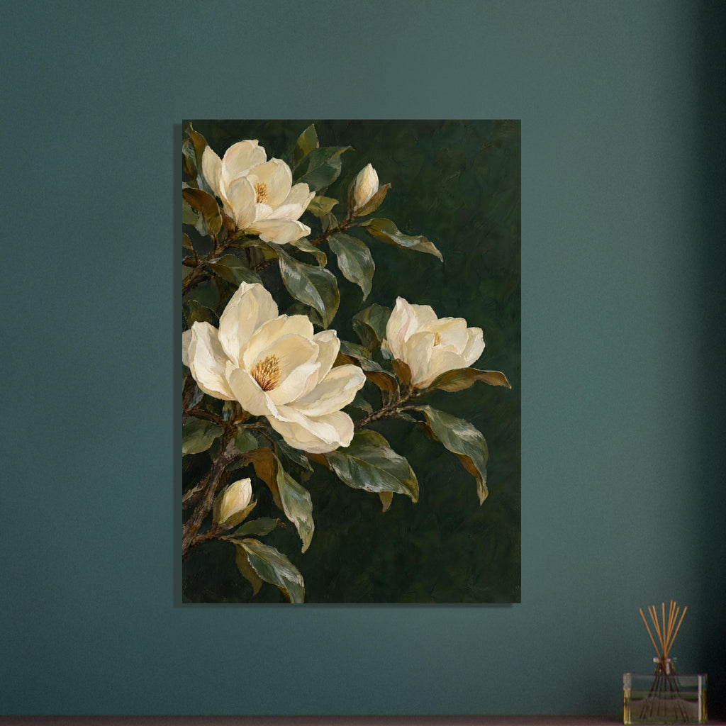 Cream magnolia blossoms and buds on leafy branches against a dark green background, painted with visible brushstrokes.