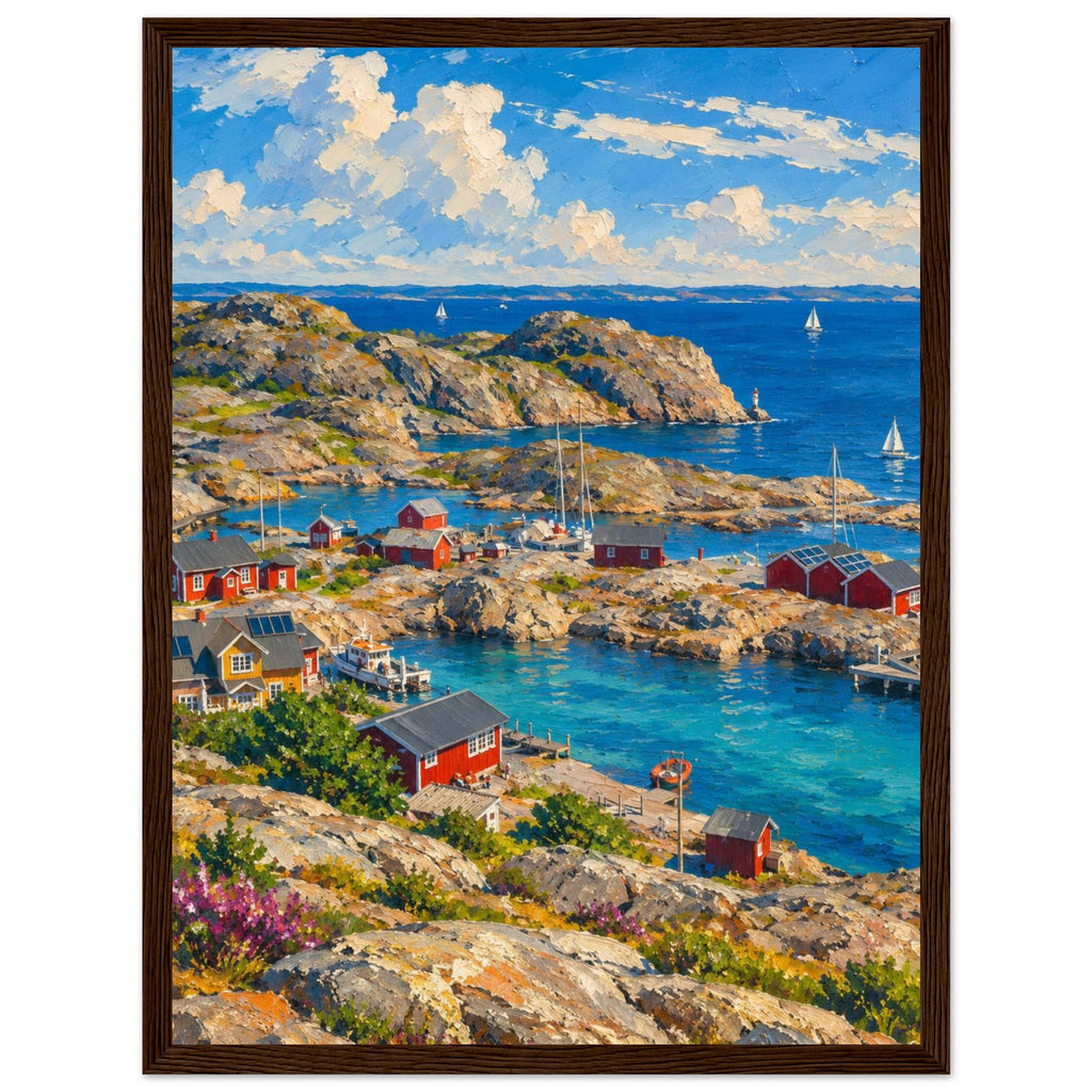 Rocky harbour with red cabins, wooden jetties and sailboats on blue water beneath cream clouds, with flowers in front.