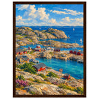 Rocky harbour with red cabins, wooden jetties and sailboats on blue water beneath cream clouds, with flowers in front.