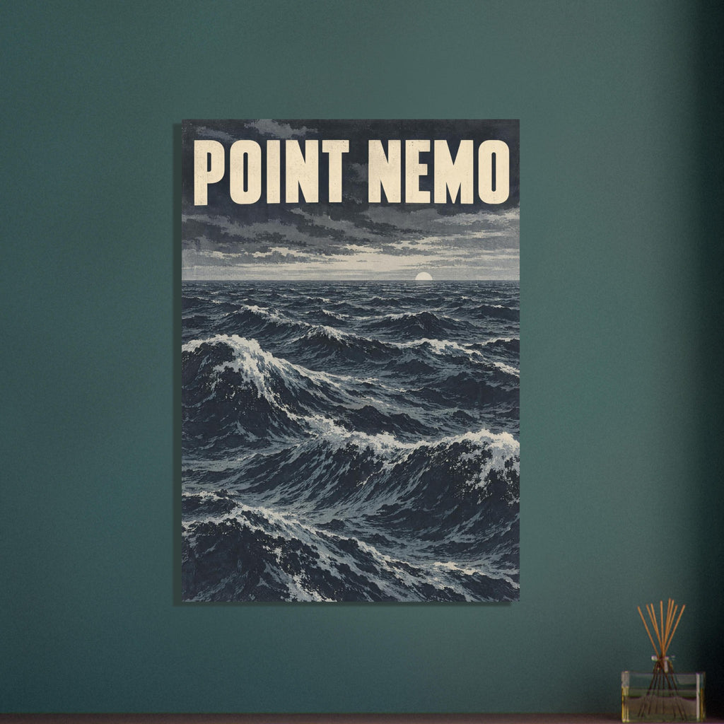 Point Nemo lettering above rolling blue-grey ocean waves, with foaming crests and a pale sun on a cloudy horizon.