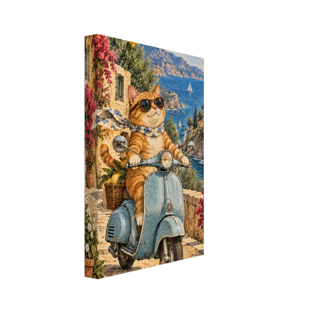 Ginger cat in sunglasses and a scarf on a blue scooter, surrounded by lemons and flowers above a coastal village and sea.