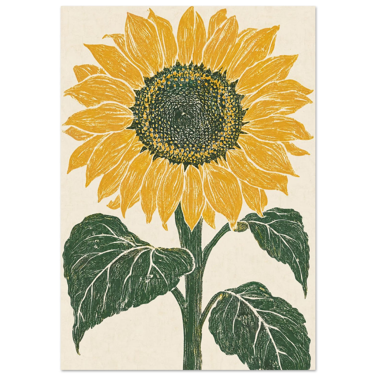 Yellow sunflower with a dark seed centre, green stem and three large leaves on a textured cream background.