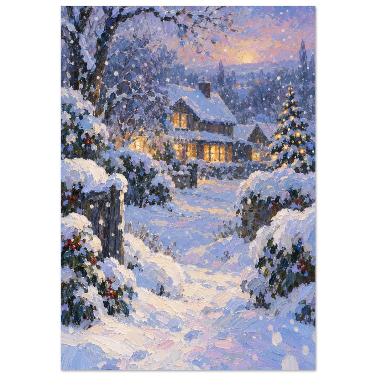 Snowfall Before Supper shows a timber house with amber windows beyond blue and lavender snowdrifts, rendered in broad, thick 