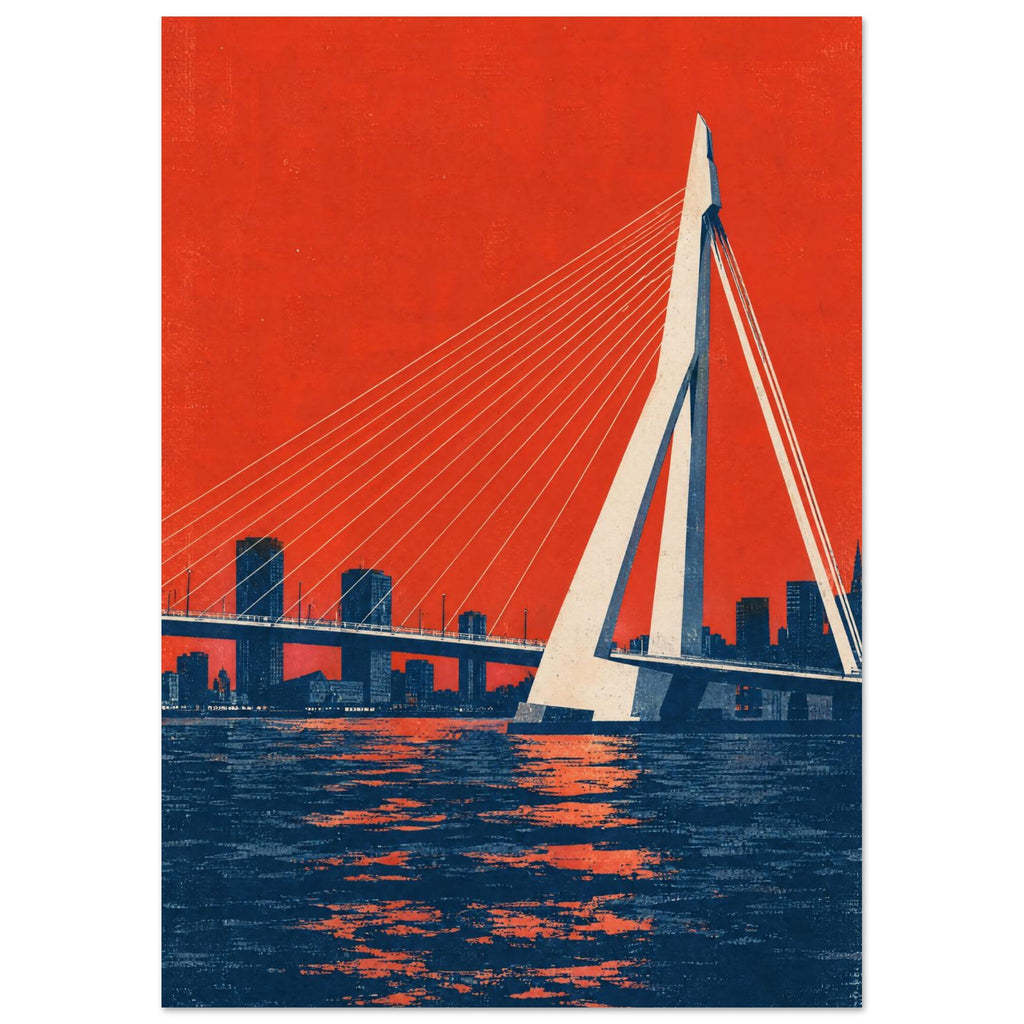 Erasmus Bridge with cream cables above a dark blue waterfront and skyline, set against a textured orange-red sky.