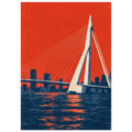 Erasmus Bridge with cream cables above a dark blue waterfront and skyline, set against a textured orange-red sky.