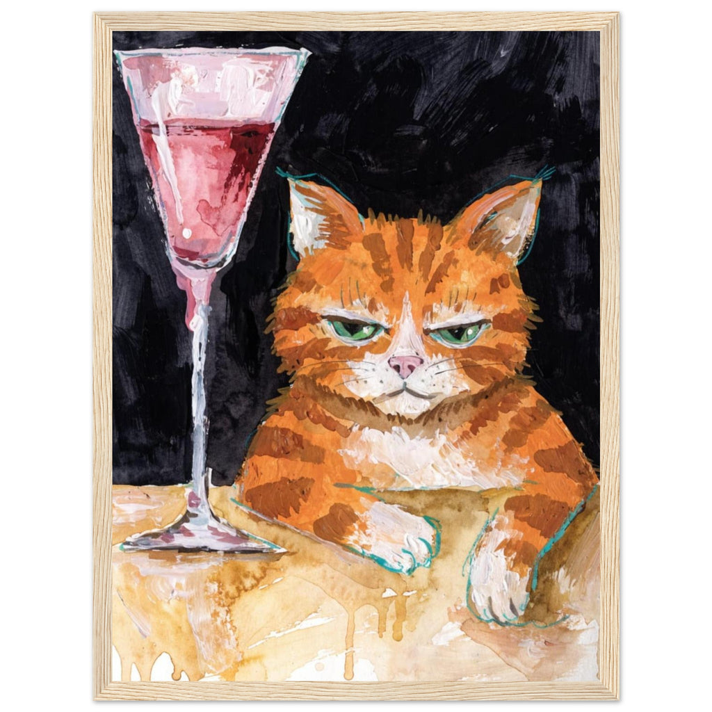 Ginger cat with green eyes resting its white paws on a golden table beside a tall glass of pink liquid, on black.