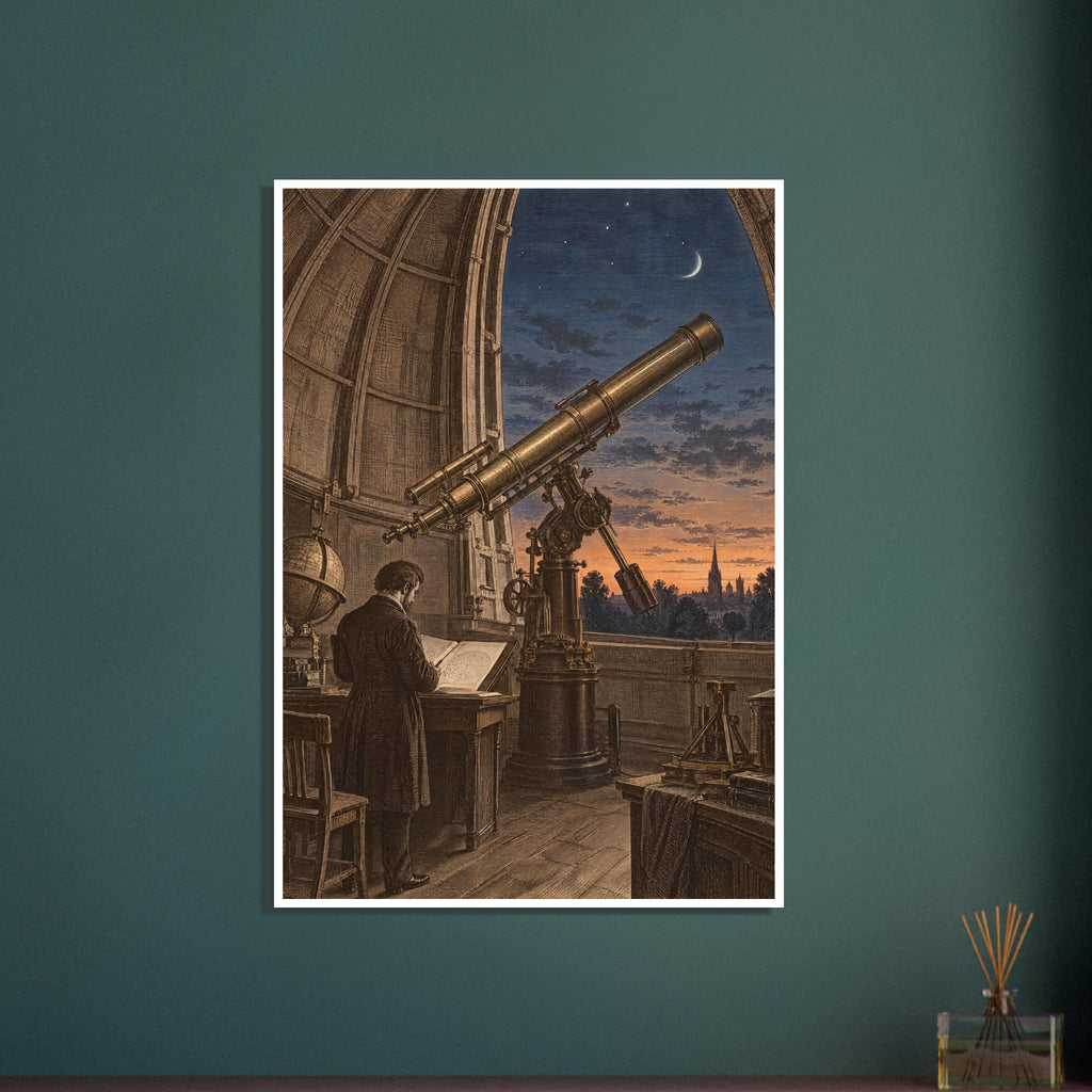 Large brass-toned telescope in an observatory, with a figure studying a chart beneath a blue sky and crescent moon.