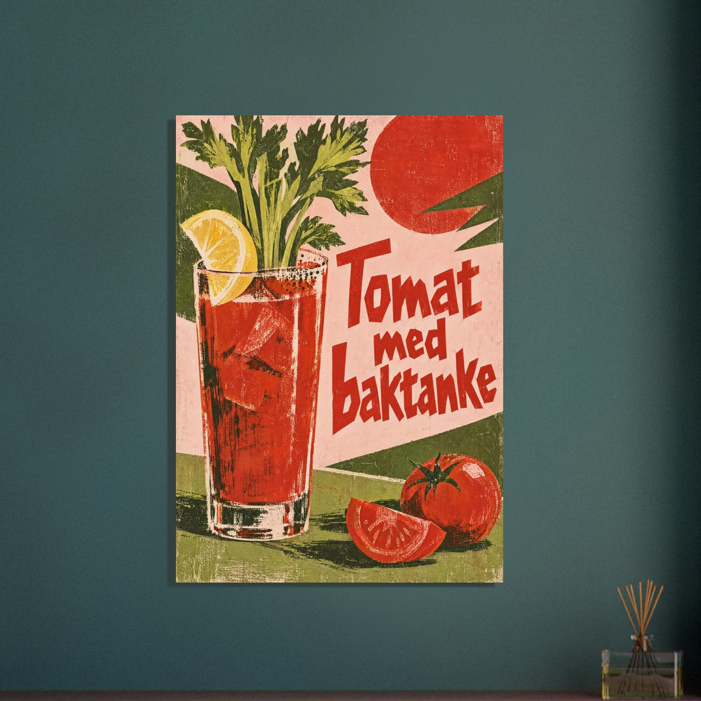 Tomato drink with lemon and celery beside whole and sliced tomatoes, with red ‘Tomat med baktanke’ lettering.