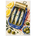 Three sardines in an open blue tin, one wearing a red party hat, surrounded by lemon wedges, olives and striped cloth.