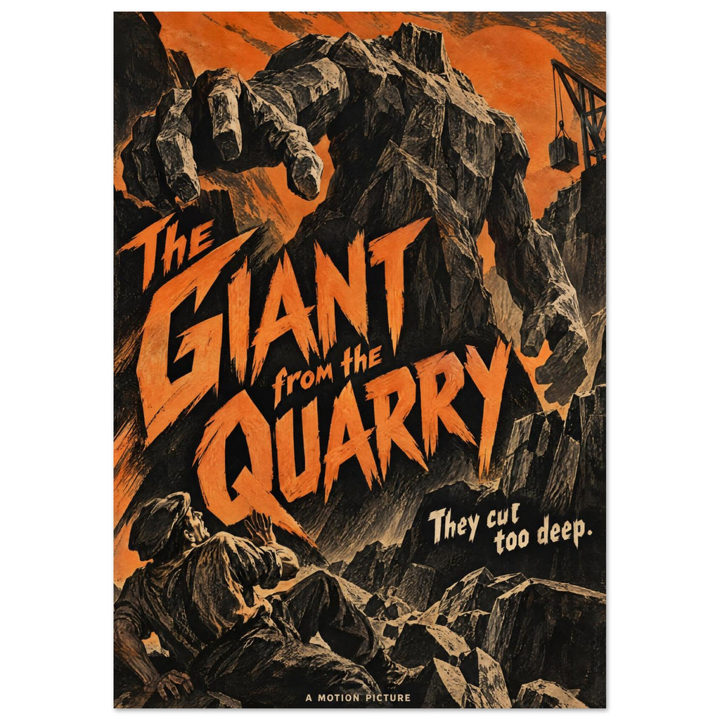 Stone giant looming over a fallen figure in a quarry, with orange horror lettering reading ‘The Giant from the Quarry’.