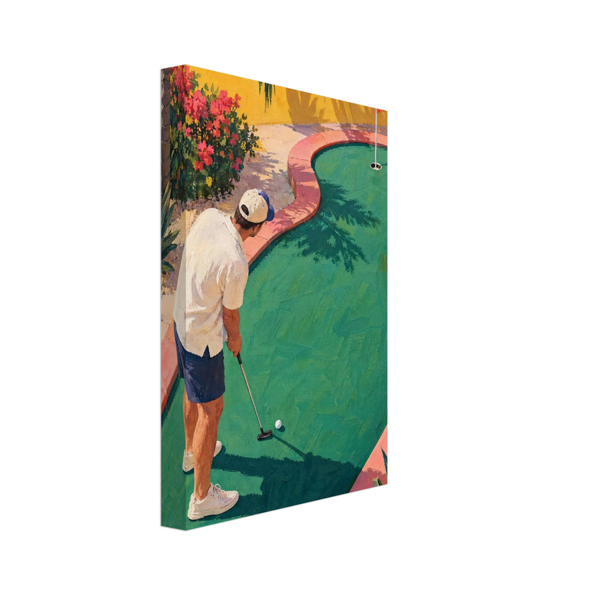 Golfer lining up a putt on a green mini golf course with pink borders, palms, flowers and a yellow wall.