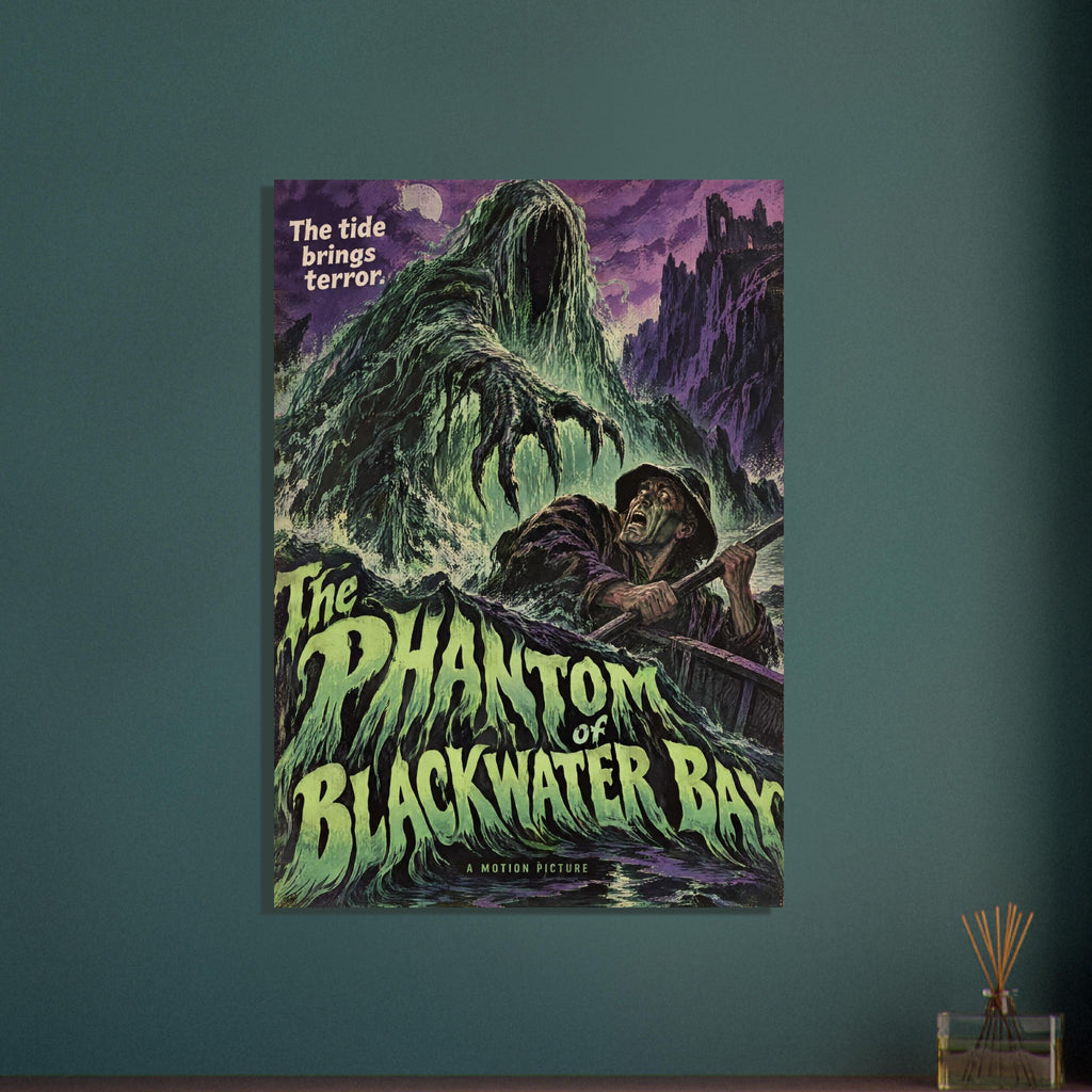 Sea monster reaching towards a terrified rower beneath purple cliffs, with green ‘The Phantom of Blackwater Bay’ lettering.