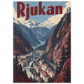 Rjukan valley with snowy mountains, riverside buildings and a cable car beneath large red lettering in a vintage poster.